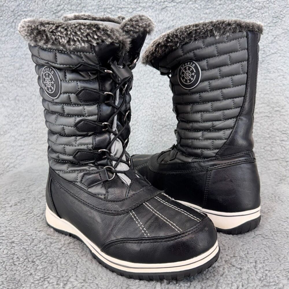 Sporto Liz Mid-Calf Black Winter Boots Women 6W Zippered Closure Tassel Faux Fur